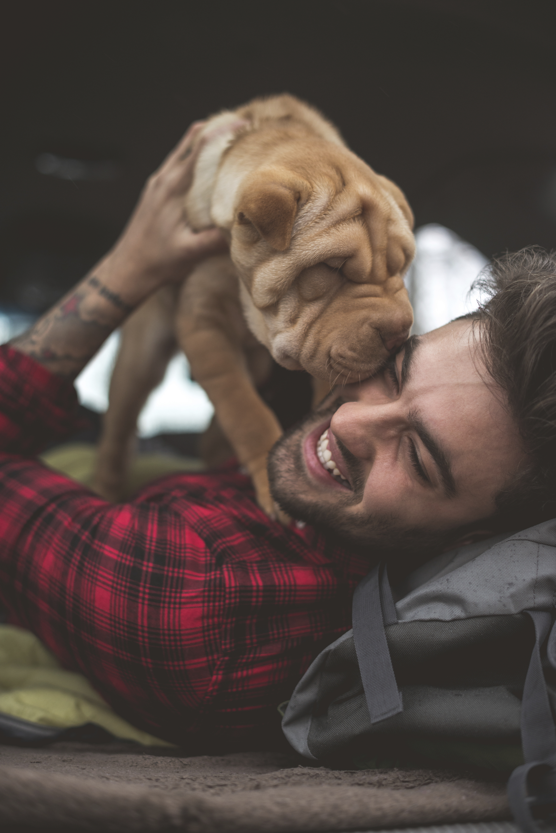 A young man playing with his dog outdoors.