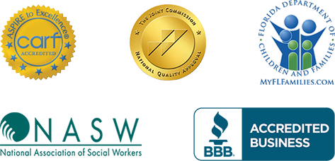 carf Accredited, The Joint Commission National Quality Approval, Florida Department of Children and Families, National Association of Social Workers, BBB Accredited Business